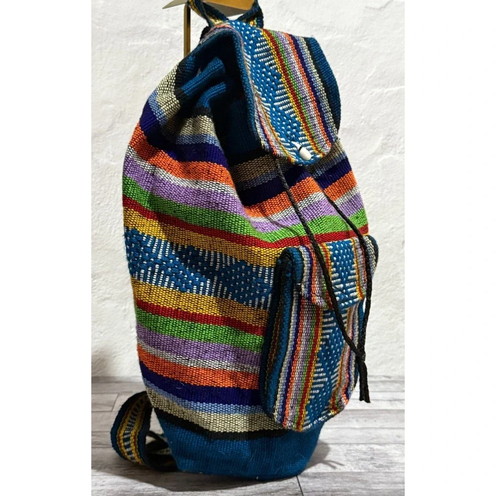 Artesanias Pinzon Woven Drawstring Boho Hippie Bag Beach Backpack Blue Orange